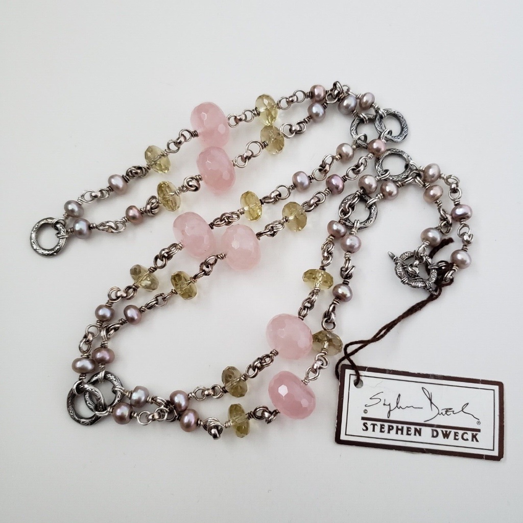 Stephen Dweck Sterling Silver Rose Quartz Pearls Smoky Quartz Necklace 650$